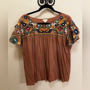 Embroidered Brown Blouse with Colorful Accents